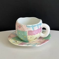 Hand-painted ceramic coffee cup and saucer set with colorful patchwork tulip patterns - Patchwork Cup & Saucer