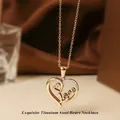 Rose gold titanium steel heart necklace with Love engraving and zircon accents - Rose Gold Heart Necklace N0453R
