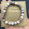 Pink zebra jasper beaded bracelet with gold rhinestone spacers on message card - Matte Pink Zebra with Card