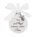 White memorial ornament ball with Nan inscription, satin bow and silver angel charm - New Nan