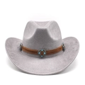 Detail of grey suede fedora hat with brown leather band and turquoise metal studs - M(56-59CM) / Light Gray