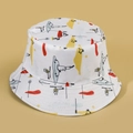 Cream cotton bucket hat with colorful cartoon skiing graphics and reversible design - M(56-58cm) / White
