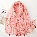 Pink beach shawl with red heart prints and tassels, soft cotton-linen feel fabric - Pink Base Red & Orange Heart Pattern (SL2307-001)
