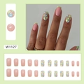 Short square press-on nails with milk green French tips and cute floral patterns - Fresh Flowers (W1127)