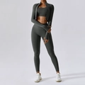 Three-piece dark grey yoga set with zip jacket, sports bra, and high waist leggings - Long Sleeve + Bra + Pants Volcanic Ash