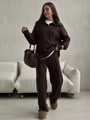 Conjunto de punto marrón para mujer con jersey de media cremallera y pantalón recto - S / café