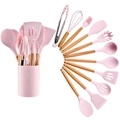 Pink silicone kitchenware set with wooden handles and storage bucket on white background - Small Bucket Style / Pink