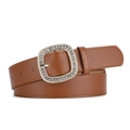 Cintura da donna marrone in ecopelle con fibbia quadrata e intarsio di strass lucidi - Cammello