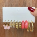 Gold 6 Pairs Set (Pearl/Pink Marble Texture)(HS739-44)