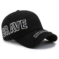 Black cotton baseball cap featuring white Brave embroidery and distressed brim details - Adjustable / Black