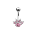 Silver stainless steel belly ring with cat paw design and pink crystal stones inlay - Pink Cat Paw