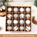 Set of 16 silver and champagne gold 6cm Christmas ornaments with glitter and matte textures - 16Pcs Boxed / Silver 6cm 16Pcs