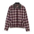 Giacca bomber a quadri bordeaux e beige con colletto in pelle marrone e zip frontale - XS / Tops