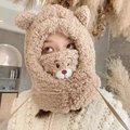 Cute plush bear balaclava for women, warm winter hood featuring bear ears and mask design - One Size / Khaki