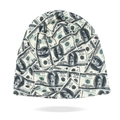 Detail of knitted slouchy beanie featuring a hip-hop style dollar bill print pattern - Black Beige