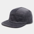 Detailed view of dark grey corduroy 5-panel camper hat with textured vintage fabric - Adjustable / Gray
