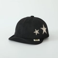 Detail shot of black kids suede cap with star embroidery and brand tag on brim - 50cm (1-3 Years) / Flat Cap / Black