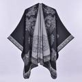 Women's thick cashmere-like reversible floral poncho cape in black and silver-grey - 135x155cm / Paisley Vine Black