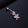 Silver butterfly belly button ring with pink zircon stones and hanging teardrop pendant - Pink Butterfly Silver