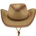 Western gradient brown straw cowboy hat with bull head accessory and adjustable wind rope - M (56-58cm) / Khaki + Reddish Brown
