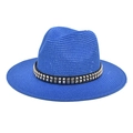 Electric blue straw fedora hat with black studded band for beach sun protection - M (56-58cm) / Sapphire Blue