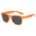 Retro square sunglasses with bright orange frame and dark grey lenses in 45-degree view - Orange Frame Grey Lens