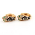 Snake hoop earrings with black enamel scales and sparkling green gemstone eyes - Black