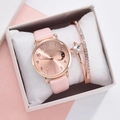 Detail of rose gold quartz watch with pink leather strap and matching star bangle set - Watch + Bracelet + Box / Pink
