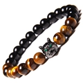 Close-up of wolf head bead bracelet with black obsidian and brown tiger eye natural stones - Yellow Tiger Eye