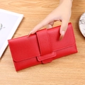Women's tri-fold red leather long wallet with litchi grain and buckle closure - Red