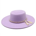 Elegant purple flat top wool hat with gold chain, white pearls and stylish tassels - M(56-58cm) / Taro Purple