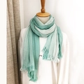 Japanese style pleated cotton linen scarf in light green and white gradient fringe - Light Green