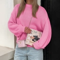 Women's casual pink chunky knit crewneck sweater with loose fit long sleeves - S / Pink