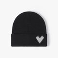Bonnet en maille noire avec motif cœur en peluche blanche, bonnet d'hiver chaud et élégant - Taille unique / Noir