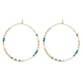 Bohemian gold hoop earrings with white, green and gold beads in a minimalist style - Milky White Dark Green Gold (MI-E220075C)