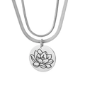 Collier double couche en acier inoxydable argenté avec pendentif lotus rond et chaîne serpent - Juillet-Argent (Nénuphar)
