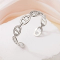 Silver stainless steel chain bracelet with open cuff design on white stone - Anchor Chain / Steel