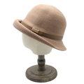 Detail of light khaki knit bucket hat with brown leather strap and gold buckle - M (56-58cm) / Brown