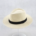 Men's summer wide brim straw panama sun hat in beige with classic black decorative band - 58cm / Beige