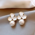 Elegant gold-plated flower stud earrings with white petals and a hanging pearl drop - Eco-friendly Steel Pin Gold Flower Pearl Earrings