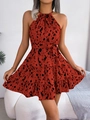 Leopard print halter neck dress in bright red with ruffle hem and waist tie detail - S / Red