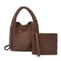 Dark brown hand-woven neoprene handbag set with crossbody chain and matching pouch - Coffee