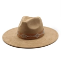Khaki wide brim faux suede cowboy hat featuring a leather band with silver metal rivets - M (56-59cm) / Camel