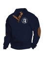 Men's navy cable knit sweater with stand collar, button placket and brown elbow patches - S / Tops / Navy Blue (Pattern 3)