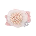 Elegant ivory and pink artificial flower hair clip with mesh petals and pearl accent - Style 16 (Pink Beige Lace Mesh Flower)