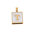 Macro shot of 22mm gold square letter T pendant with white mother-of-pearl inlay - Gold T