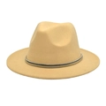 Detail of wool fedora hat in light camel with a decorative silver metal band buckle - Beige