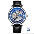 Men's automatic hollow mechanical watch with black leather strap and silver case - Silver Case Blue Dial Black Leather Strap
