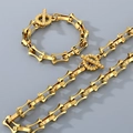 Goldschmuckset mit Bambusgliedern und T-Verschluss bestehend aus Kette und Armband - OT-Verschluss / 10mm Breit 21cm Armband / Gold