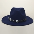 Detail of dark blue wool fedora with floral leather band and silver rivet accents - M (56-58cm) / Navy Blue